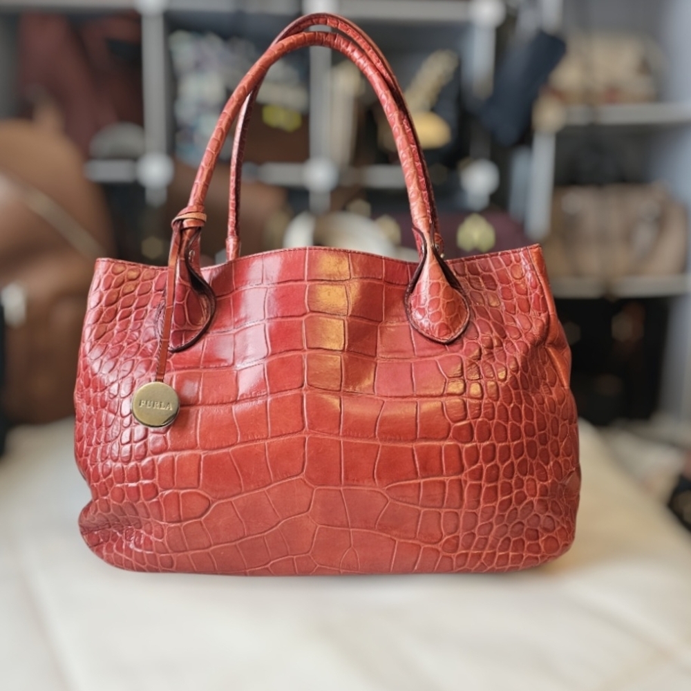 Furla Crocodile-Embossed Leather Tote Shoulder Bag
